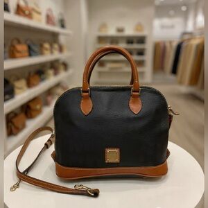 Dooney & Bourke Black Tan Pebble Leather Dome Satchel Crossbody Purse Bag
